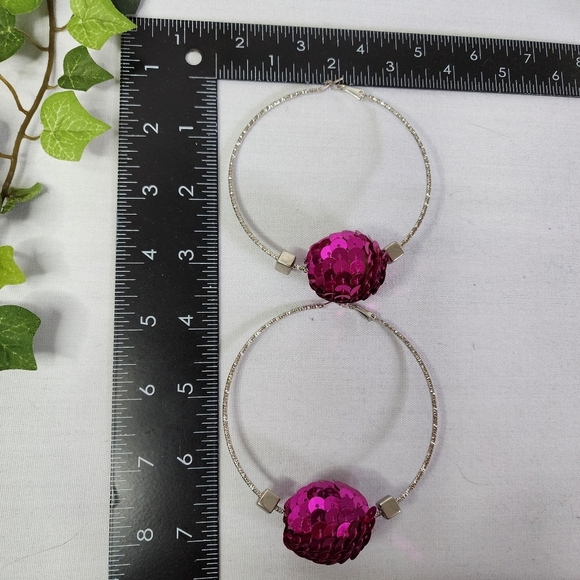 Large Silver Statement Hoop Earrings with Fuchsia Pink Sequin Disco Ball New - Picture 7 of 7